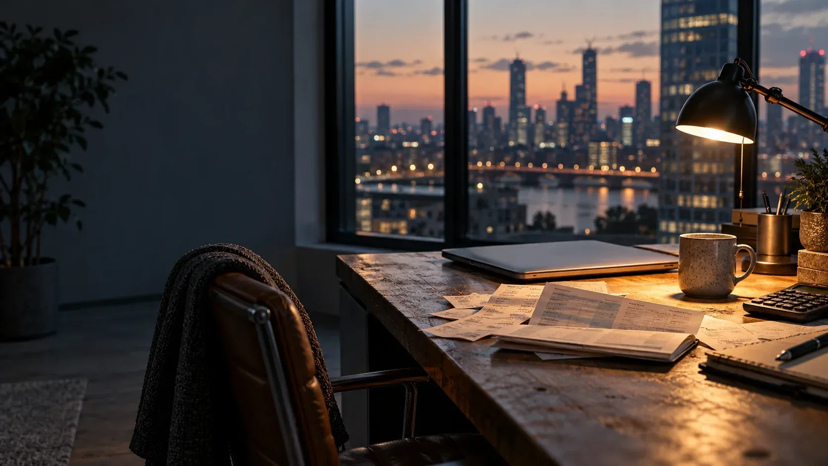 An accountant’s desk at dusk with receipts, papers, a closed laptop and a desk lamp, city lights through the window.