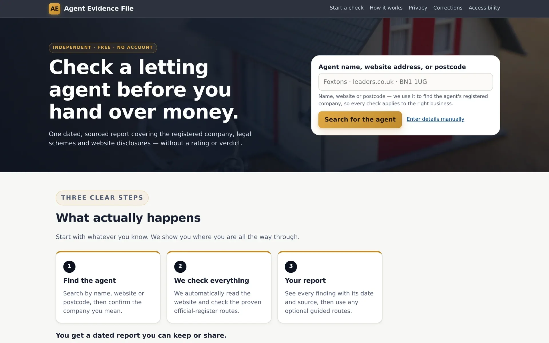 The Agent Evidence File home page: “Check a letting agent before you hand over money”, with a search box for the agent’s name, website or postcode.