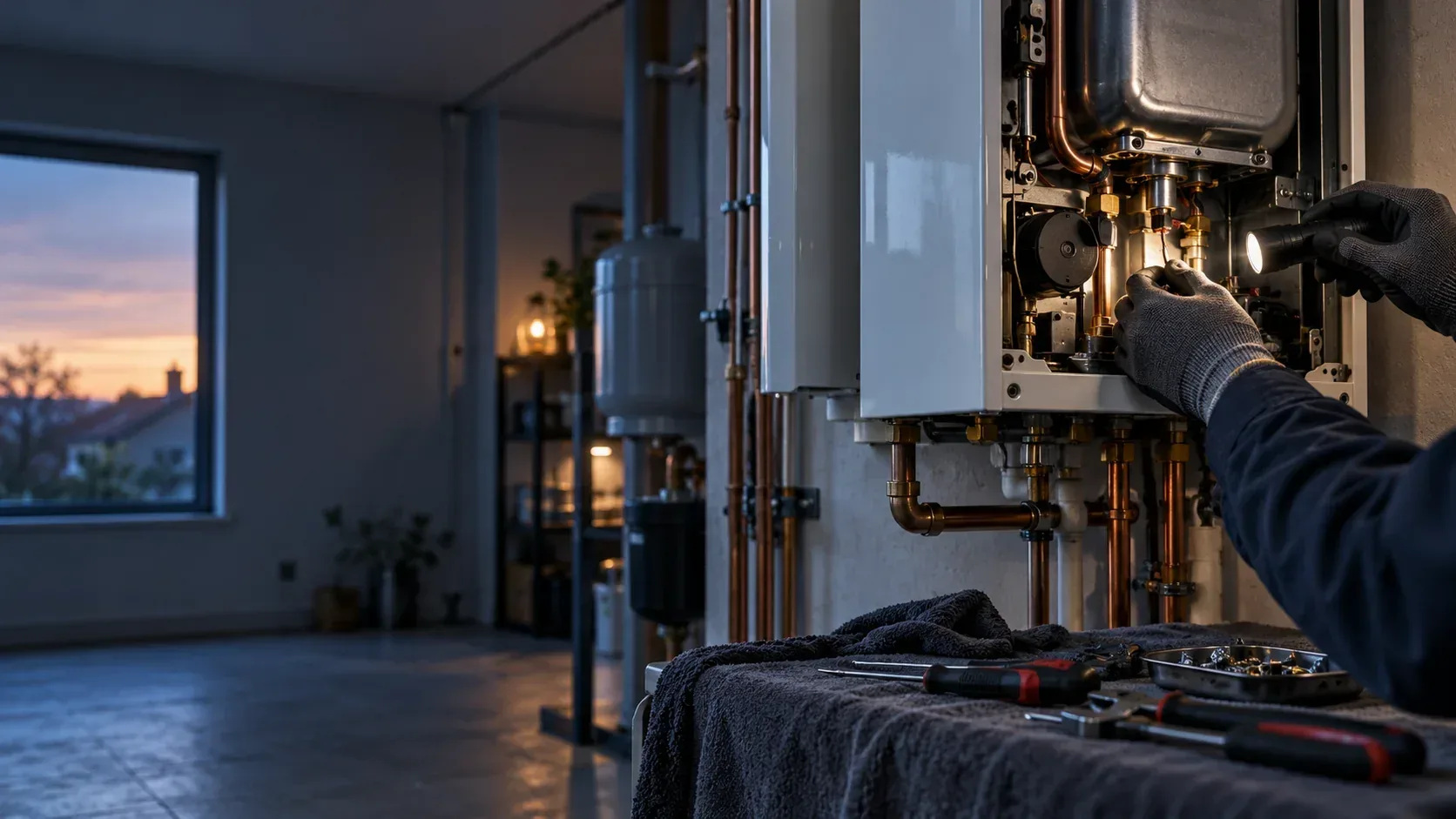 A technician’s gloved hands servicing a wall-mounted gas boiler by torchlight, tools laid out on a cloth.
