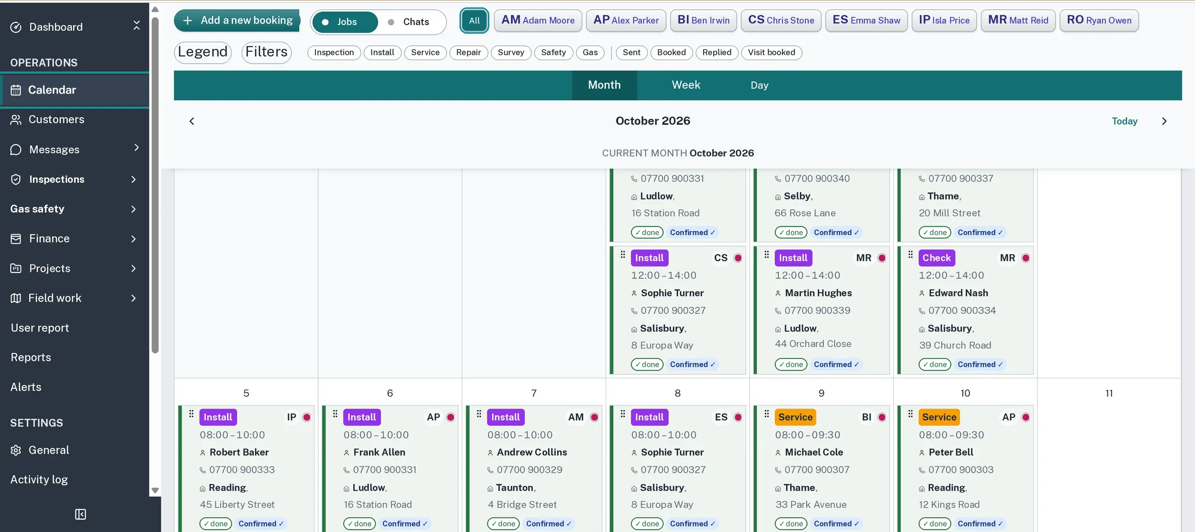 The Booking TRV calendar for a month, with demonstration data: jobs for each day colour-coded by type (Install, Check, Service), the technician’s initials, the time, the customer’s name, phone number and address, and whether the visit is done and confirmed. A side menu lists Calendar, Customers, Messages, Inspections, Finance, Projects and Field work.