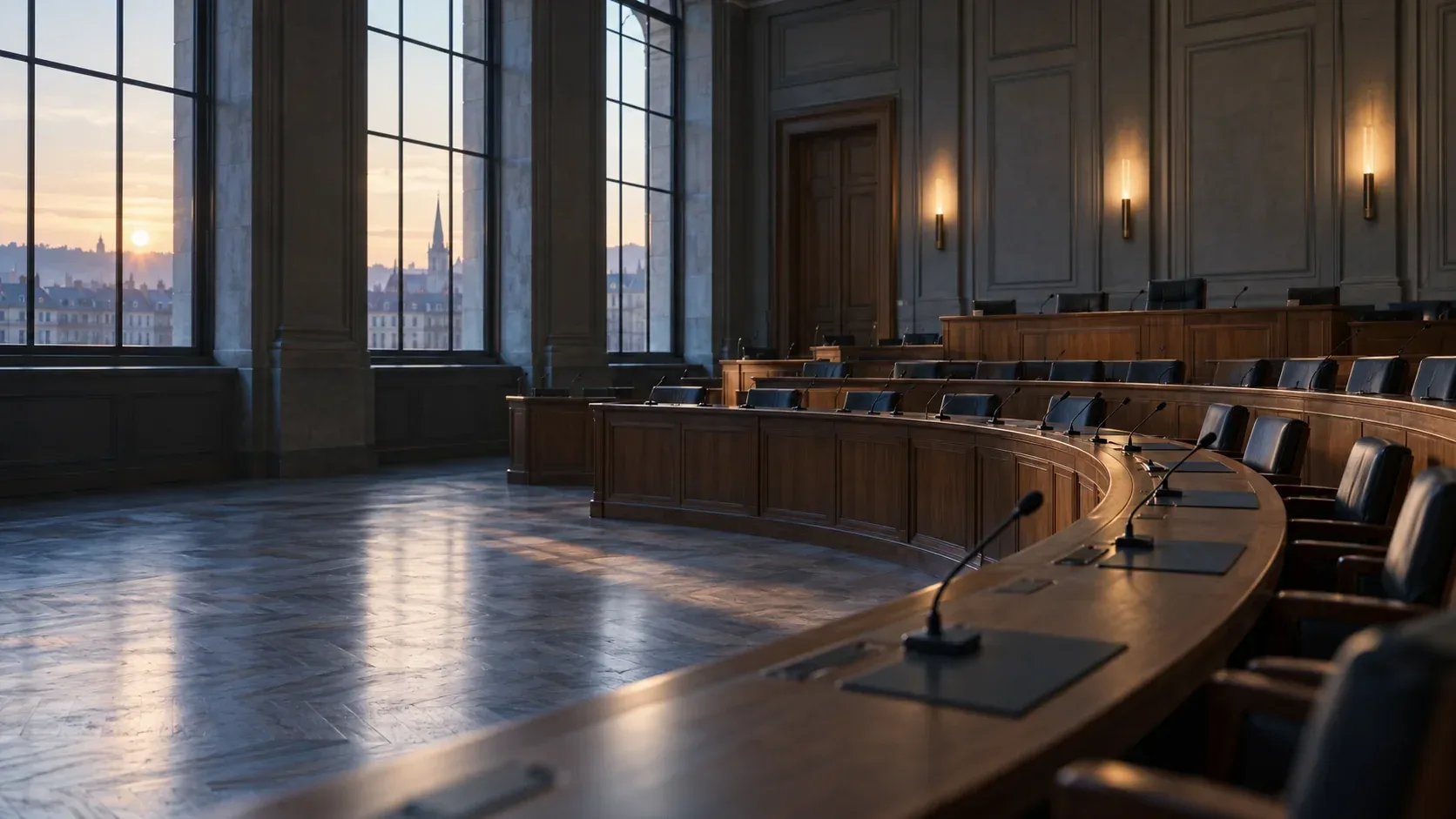 An empty council chamber in morning light: curved wooden benches with microphones and tall windows.