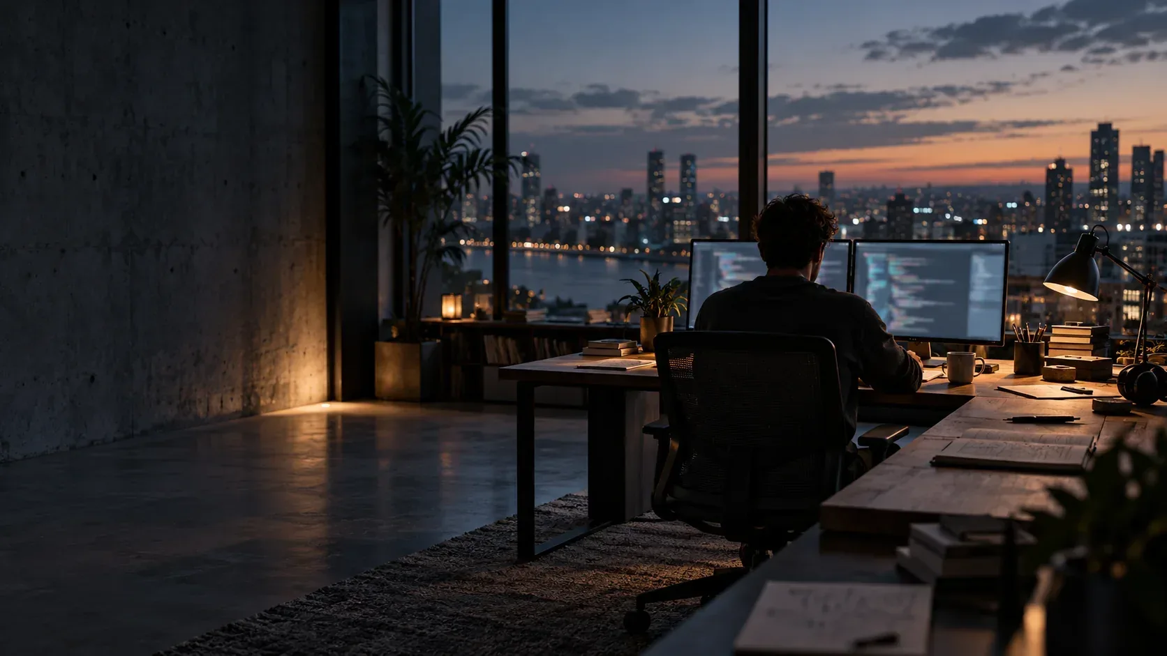 A software studio at night: a developer seen from behind at two monitors of blurred light, the city through the window.