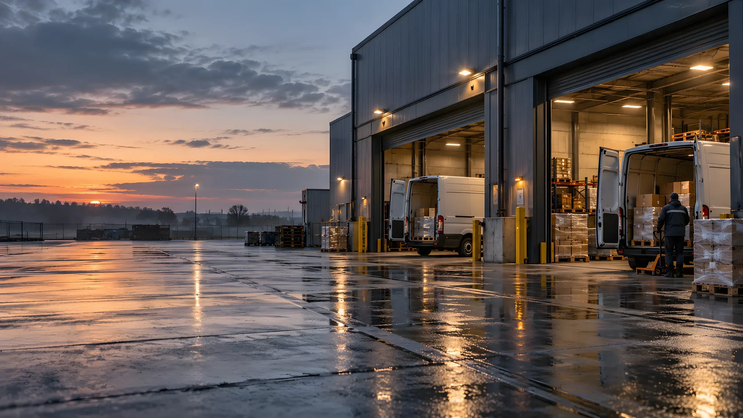 A distribution depot at dawn: loading bays lit from inside, delivery vans backed up and a worker seen from behind, wet concrete in front.