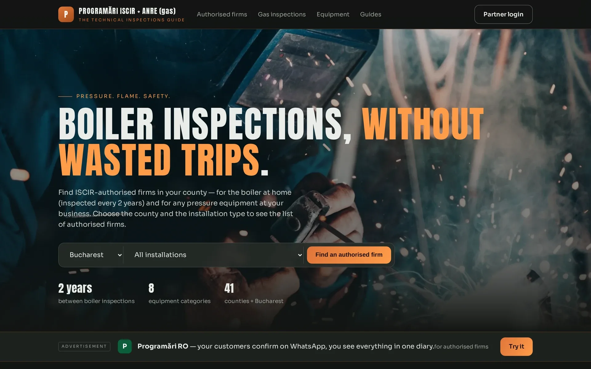 The programari-iscir.ro home page, its text translated from Romanian into English: “Boiler inspections, without wasted trips”, with a search by county and installation type for authorised firms.
