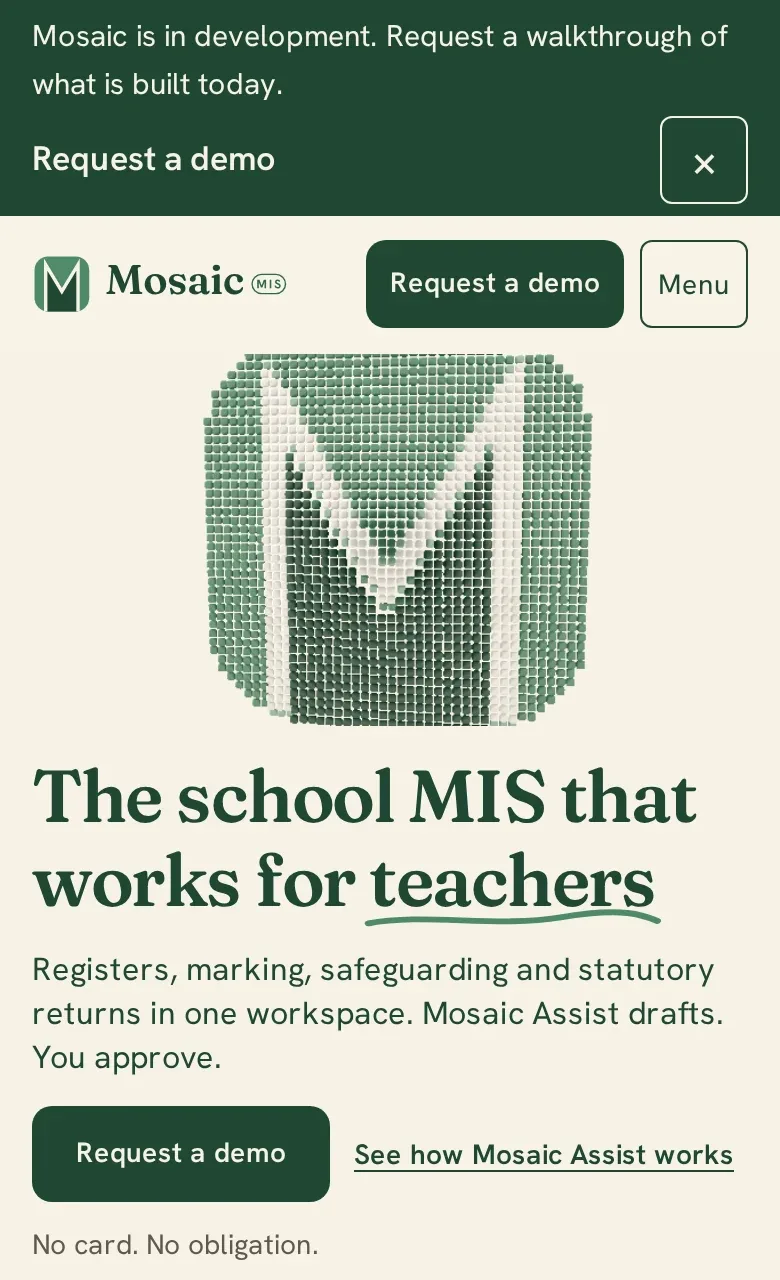 The Mosaic landing page on a phone, showing the headline and the request a demo button.