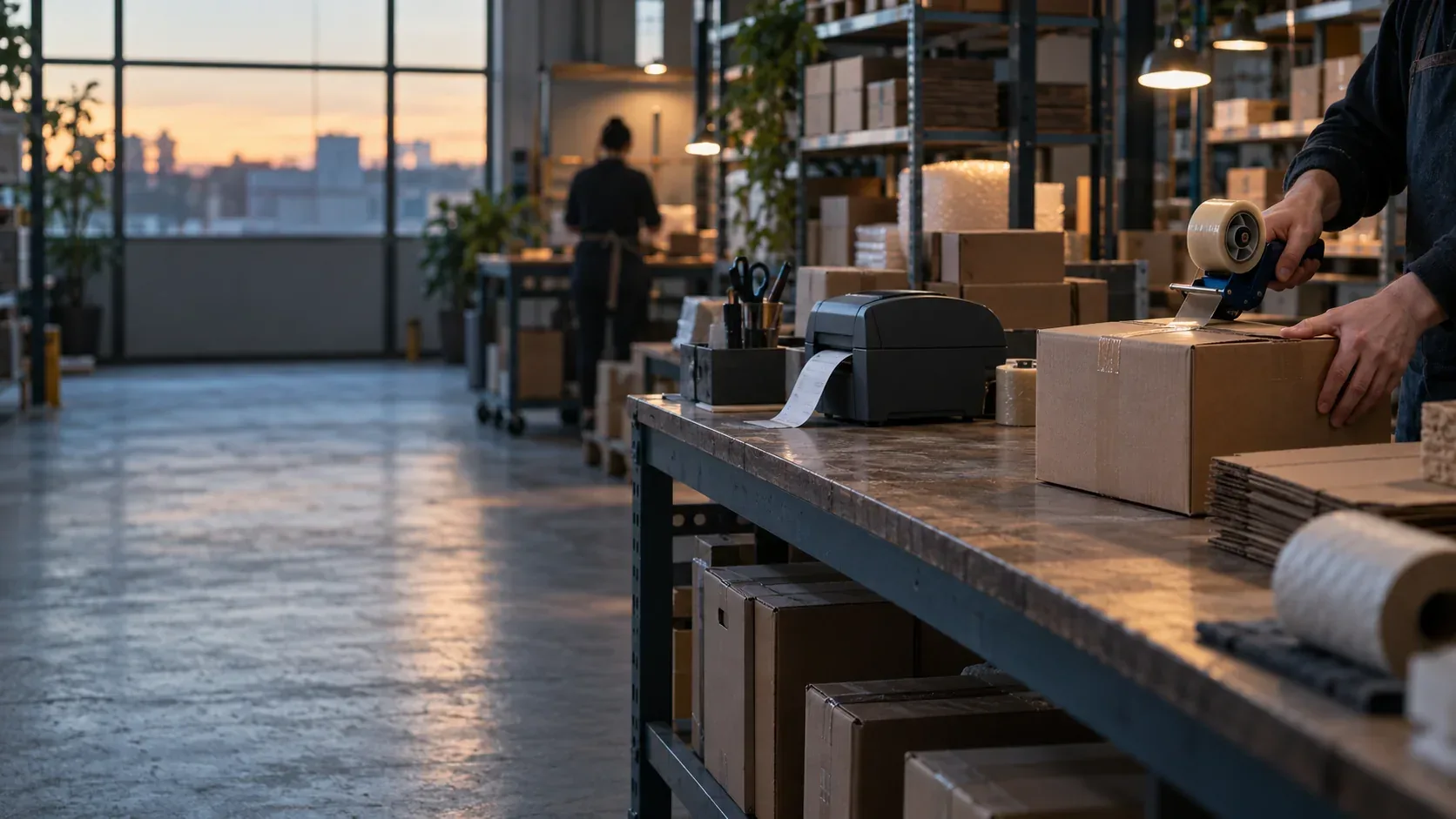 Hands taping a parcel at a packing station in a small warehouse, a label printer on the bench and shelving behind.
