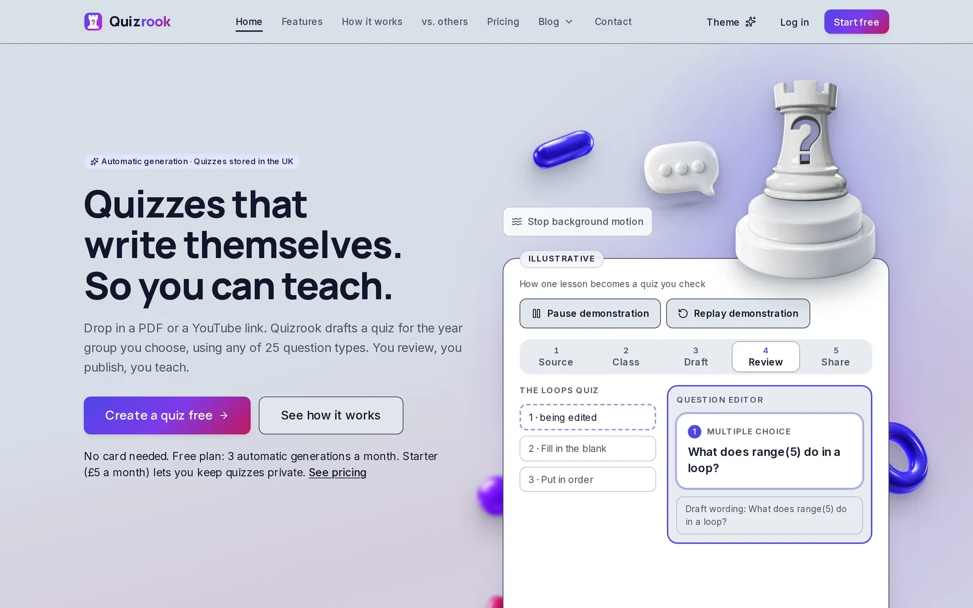 The Quizrook landing page: the headline “Quizzes that write themselves. So you can teach.” beside a chess rook and a sample question editor.