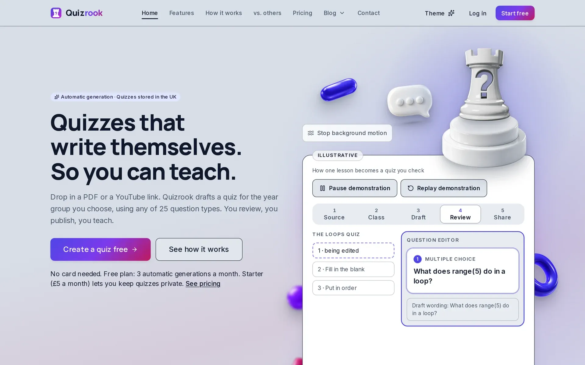 The Quizrook landing page: the headline “Quizzes that write themselves. So you can teach.” beside a chess rook and a sample question editor.