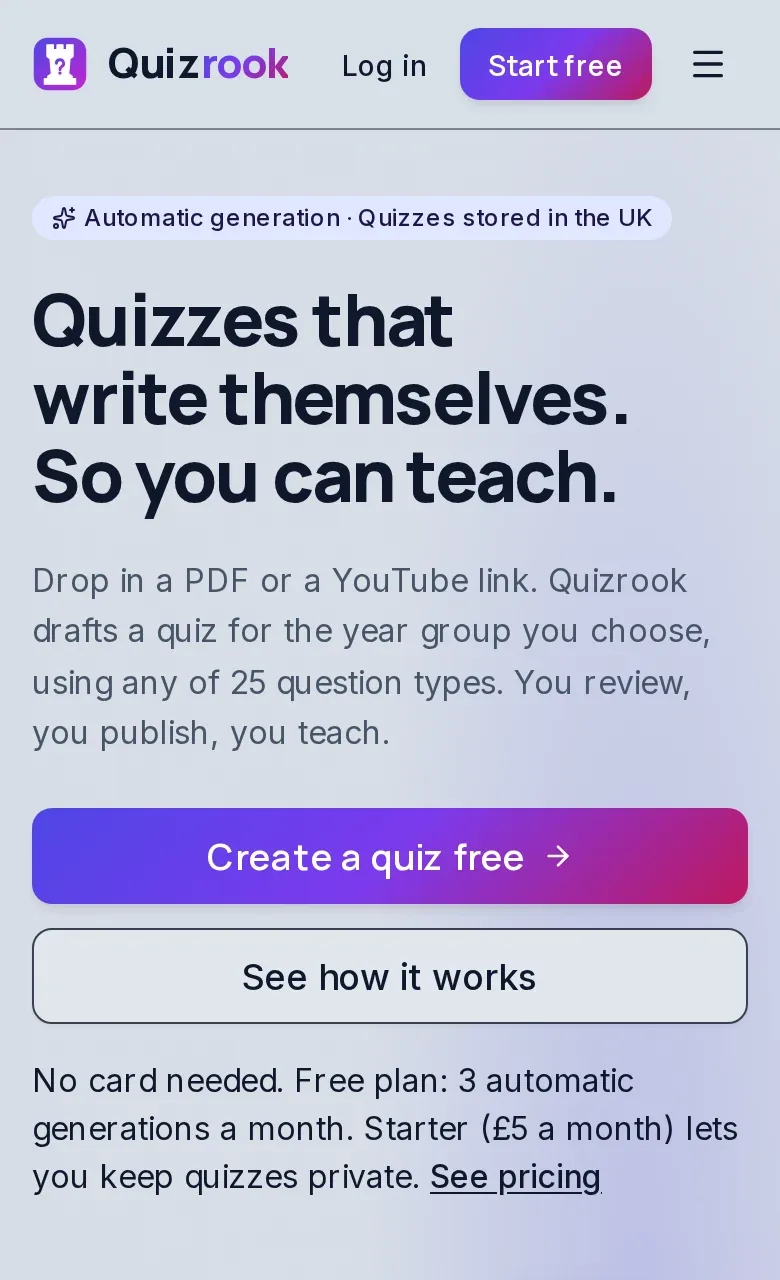 The Quizrook landing page on a phone, showing the headline and the create a quiz button.
