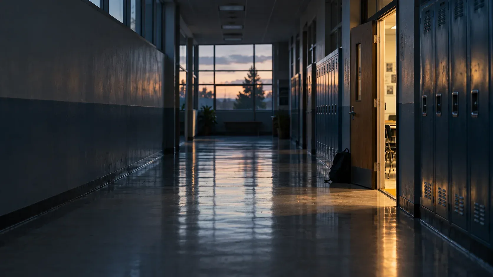 An empty secondary school corridor after hours: lockers, a polished floor and a classroom door ajar with warm light.