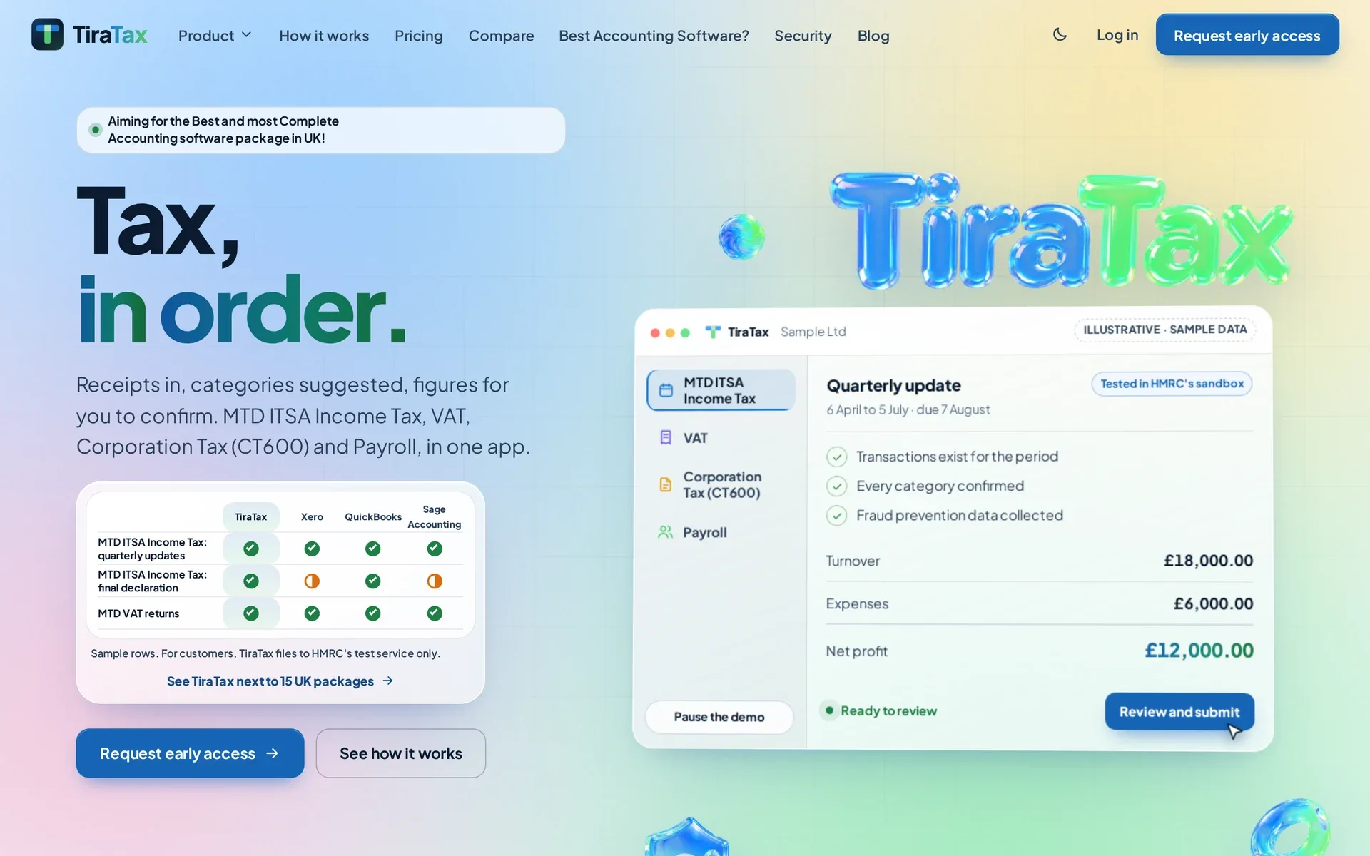 The TiraTax landing page: the headline “Tax, in order.” beside a sample quarterly update showing turnover, expenses and net profit.