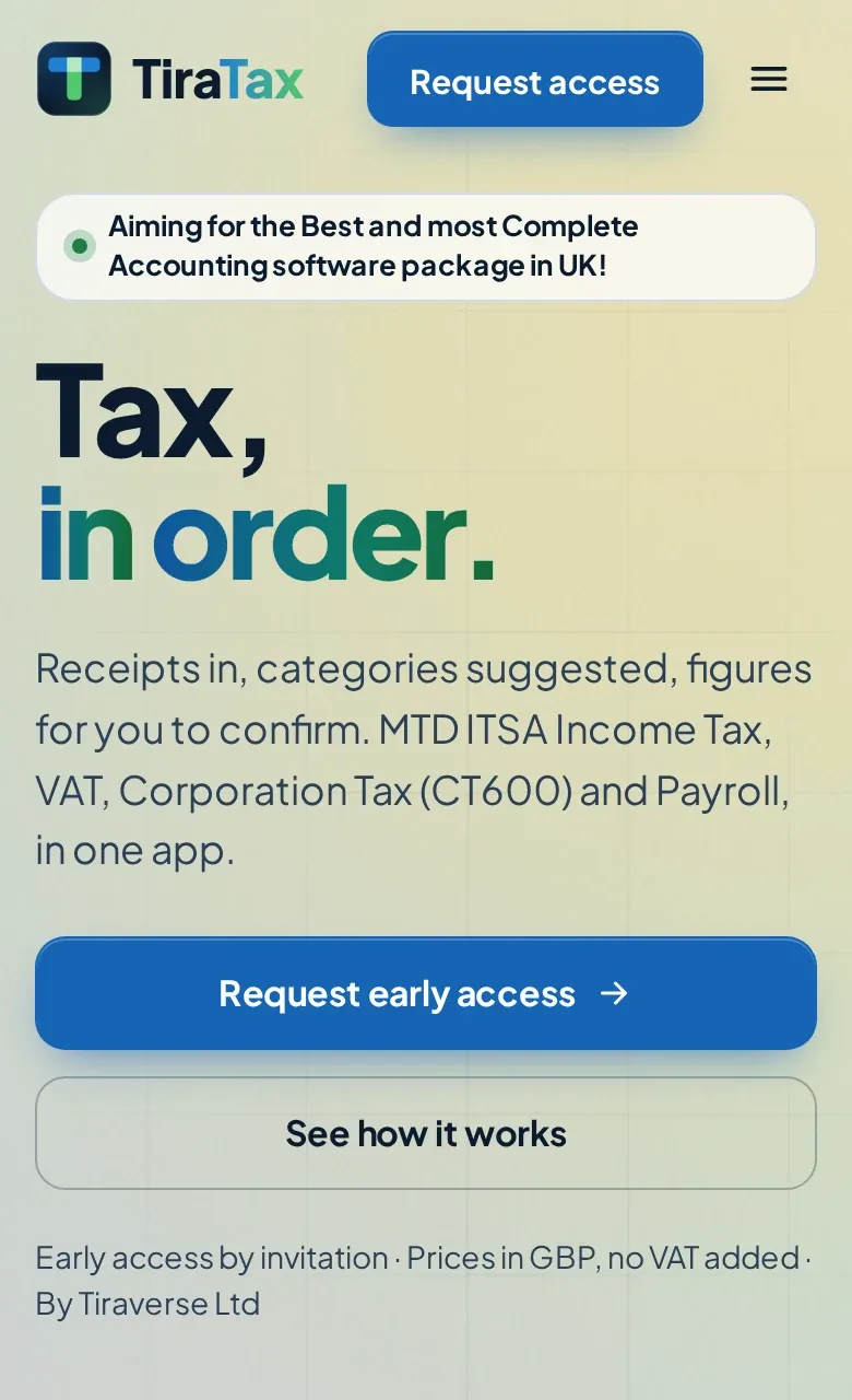 The TiraTax landing page on a phone, showing the headline and the early access button.