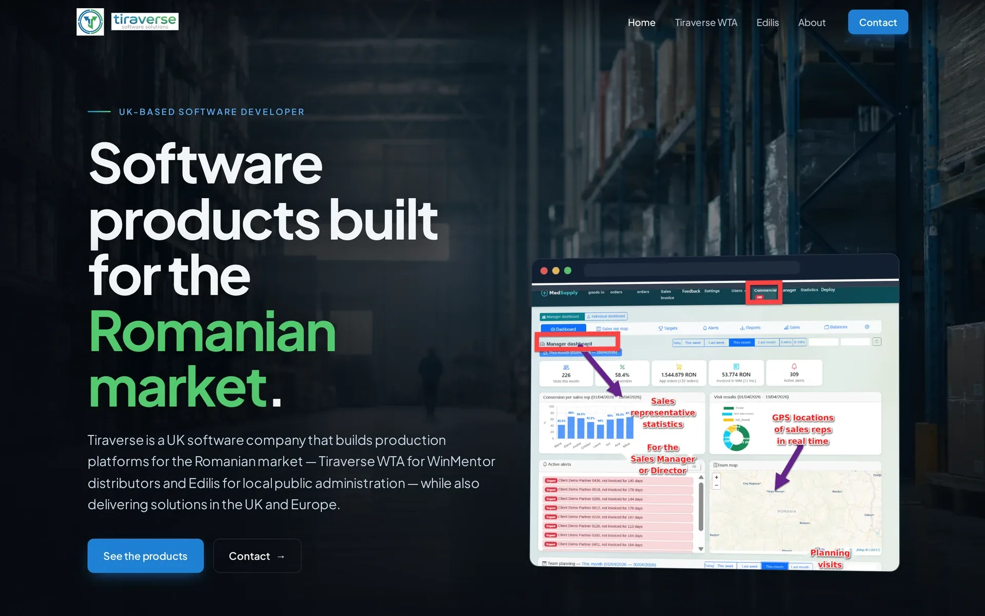 The tiraverse.ro home page, its text translated from Romanian into English: “Software products built for the Romanian market”, beside a screenshot of the Tiraverse WTA sales dashboard with demonstration data: visits, conversion, orders, alerts and a map of sales agents.