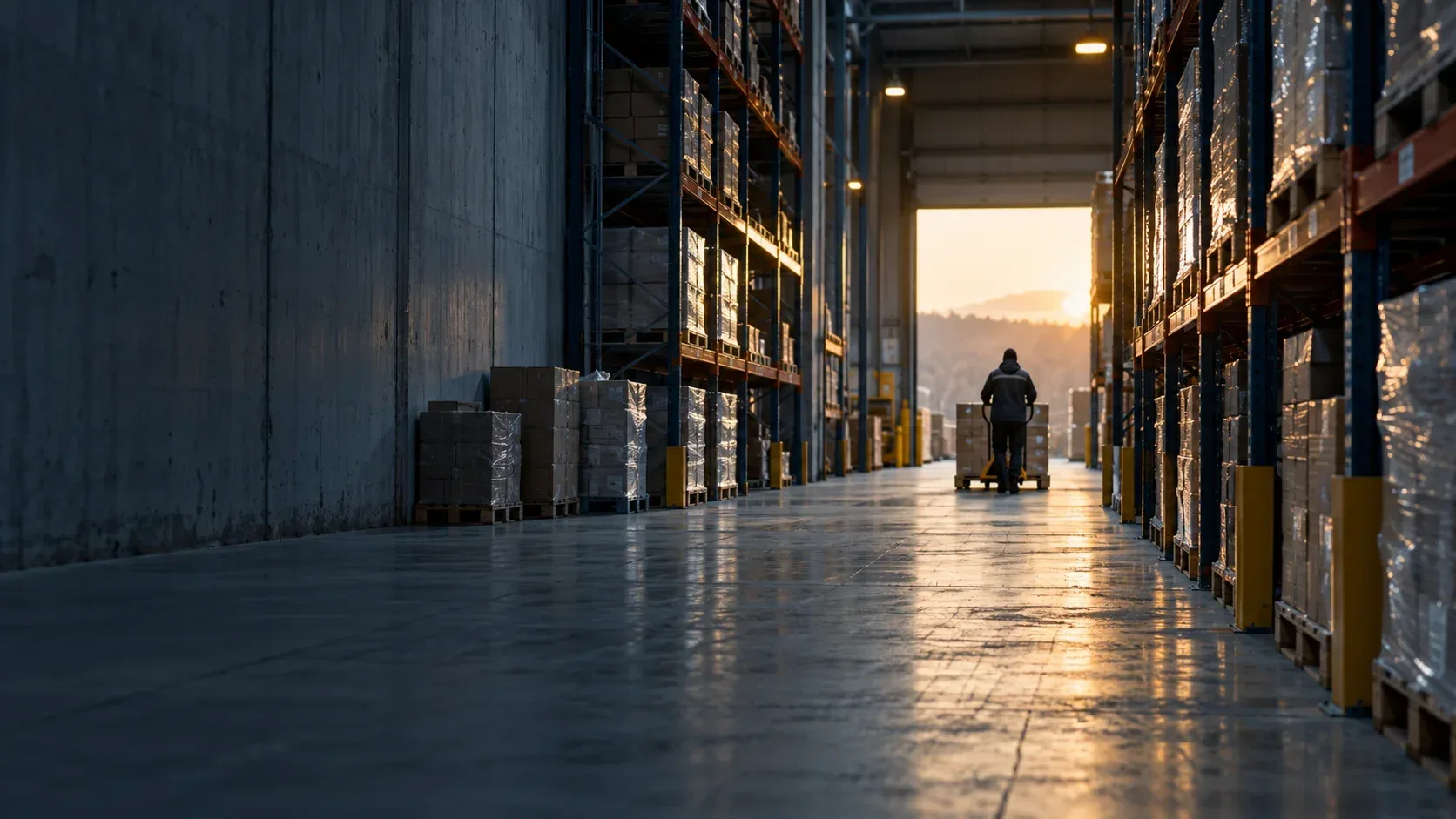 A long pallet-racking aisle in a wholesale warehouse at first light, a worker far away pushing a pallet truck.
